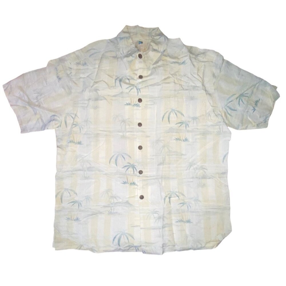 Kahala Hawaiian Islands Mens Button-Up Shirt L Rayon Cotton Linen Palm Tree Prin